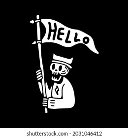 trendy skull holding flags with hello typography. illustration for t shirt, poster, logo, sticker, or apparel merchandise.