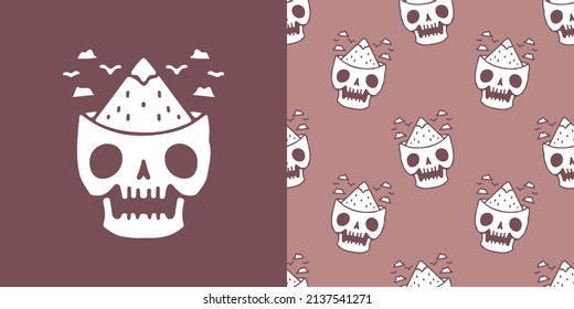 Trendy skull and mountain on chocolate background seamless pattern. Modern vintage, pop art style seamless pattern concept.