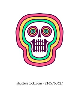 Trendy skull with psychedelic rainbow, illustration for t-shirt, sticker, or apparel merchandise. With doodle, retro, and cartoon style.