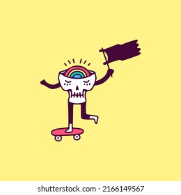 Trendy skull with rainbow inside the head riding skateboard and holding flag, illustration for t-shirt, sticker, or apparel merchandise. With doodle, retro, and cartoon style.