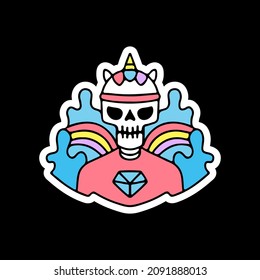 Trendy skull with unicorn hat and rainbow. illustration for t shirt, poster, logo, sticker, or apparel merchandise.