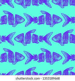 Trendy Sliced Fish Seamless Pattern. Vector Illustration of Tattoo Hand Drawn Sketch.