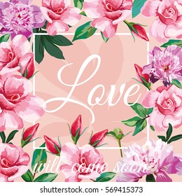 Trendy slogan love will come soon in the frame on the blue sapphire background of roses and peonies illustration pattern wallpaper