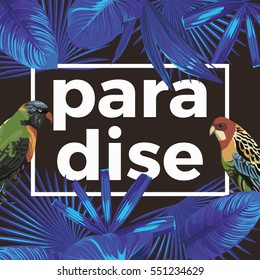 Trendy slogan paradise in the frame. The composition of tropical banana leaves in blue night style, wild birds parrot. Black background