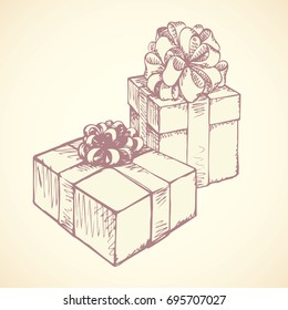 Trendy small parcel wrap tag in cardboard with luxury knot isolated on pink backdrop. Outline freehand ink hand drawn sketch in art retro scribble style pen on paper. View closeup with space for text