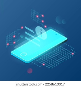 Trendy smartphone with infographic elements in isometry on dark blue background. vector isometric illustration