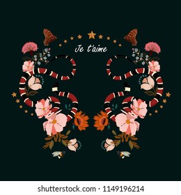 Trendy snake with flowers graphic design vector in wording Je t'aime means I LOVE YOU with  mirror technic of floral for fashion,t-shirt ,and all prints on dark green background