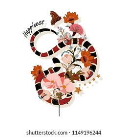 Trendy snake with flowers graphic design vector  with wording HAPPINESS , blooming of floral for fashion,t-shirt ,and all prints on white background
