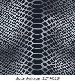 Trendy snake skin metallic vector seamless pattern. Realistic black wild animal reptile skin repeat texture on shiny silver foil background for fashion print design, cover, wallpaper.