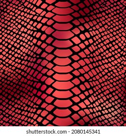 Trendy snake skin red gold vector seamless pattern. Hand drawn black wild animal reptile skin repeat texture, shiny red foil background for fashion print, wrapping paper, wallpaper.