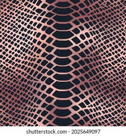 Trendy snake skin rose gold vector seamless pattern. Hand drawn black wild animal reptile skin repeat texture on shiny pik golden foil background for fashion print, wrapping paper, wallpaper.