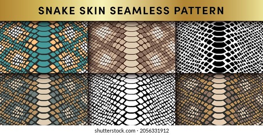 Trendy snake skin vector seamless patterns set. Hand drawn wild animal reptile skin, natural snake repeat texture for fashion print design, fabric, textile, wrapping paper, background, wallpaper.