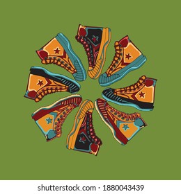 trendy sneakers in a circle on a green background. Vector illustration.