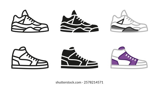 Trendy sneakers icon set. Sports shoes vector illustration. Stylish and popular running footwear. Casual style training shoes. Running athletic sneaker silhouette. Fashionable boots sign. Modern shoes