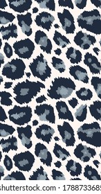 Trendy snow leopard vertical background. Hand drawn fashionable wild animal cheetah skin black white texture for fashion design, social media banner, cover, phone wallpaper. Vector illustration.