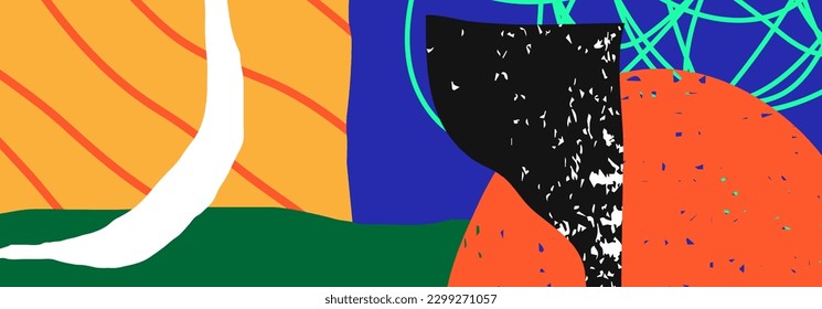 Trendy social media banner template with abstract organic shapes composition in contemporary collage minimal style, vector illustration