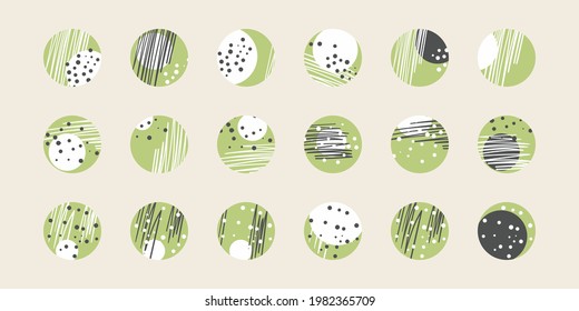 Trendy social media round cover design, social network stories and post, mobile apps, design. Template icons with geometric doodle elements. Set of various vector highlight covers, mockup.