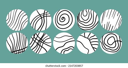 Trendy social media round cover design, social network stories and post, mobile apps, design. Template icons with geometric doodle elements. Set of various vector highlight covers, mockup.