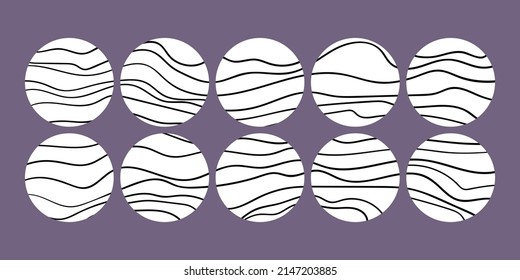 Trendy social media round cover design, social network stories and post, mobile apps, design. Template icons with geometric doodle elements. Set of various vector highlight covers, mockup.