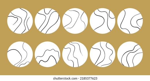 Trendy social media round cover design, social network stories and post, mobile apps, design. Template icons with geometric doodle elements. Set of various vector highlight covers, mockup.