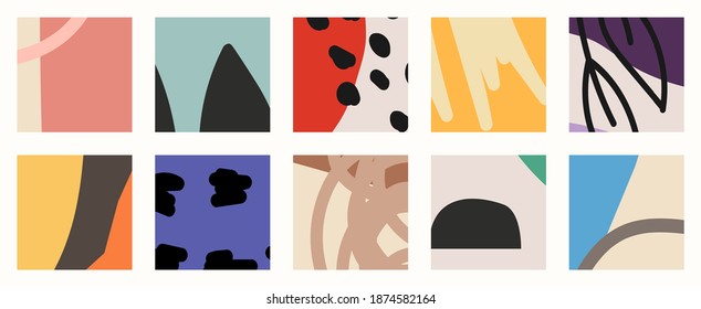 Trendy social media set of ten abstract backgrounds with abstract organic shapes composition in contemporary collage minimal style, vector illustration.