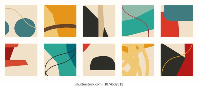 Trendy social media set of ten abstract backgrounds with abstract organic shapes composition in contemporary collage minimal style, vector illustration.