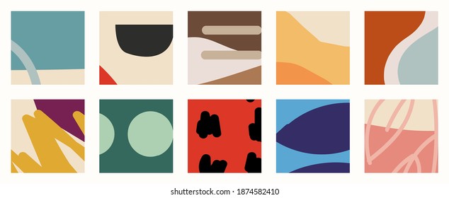 Trendy social media set of ten abstract backgrounds with abstract organic shapes composition in contemporary collage minimal style, vector illustration.