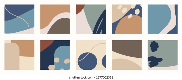 Trendy social media set of ten abstract backgrounds with abstract organic shapes composition in contemporary collage minimal style, vector illustration.