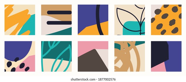 Trendy social media set of ten abstract backgrounds with abstract organic shapes composition in contemporary collage minimal style, vector illustration.