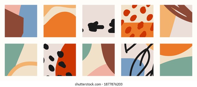 Trendy social media set of ten abstract backgrounds with abstract organic shapes composition in contemporary collage minimal style, vector illustration.