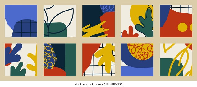 Trendy social media set of ten abstract backgrounds with abstract organic shapes composition in contemporary collage minimal style, vector illustration.