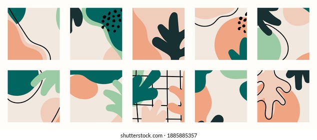 Trendy social media set of ten abstract backgrounds with abstract organic shapes composition in contemporary collage minimal style, vector illustration.