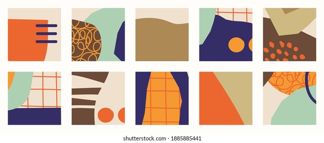 Trendy social media set of ten abstract backgrounds with abstract organic shapes composition in contemporary collage minimal style, vector illustration.