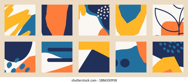 Trendy social media set of ten abstract backgrounds with abstract organic shapes composition in contemporary collage minimal style, vector illustration.