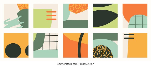 Trendy social media set of ten abstract backgrounds with abstract organic shapes composition in contemporary collage minimal style, vector illustration.