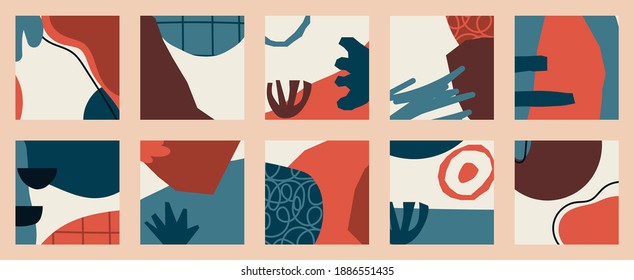 Trendy social media set of ten abstract backgrounds with abstract organic shapes composition in contemporary collage minimal style, vector illustration.