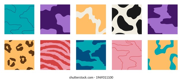 Trendy social media set of ten abstract backgrounds with abstract organic shapes composition in contemporary collage minimal style, vector illustration.