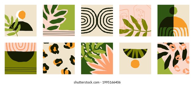 Trendy social media set of ten abstract backgrounds with abstract organic shapes composition in contemporary collage minimal style, vector illustration.