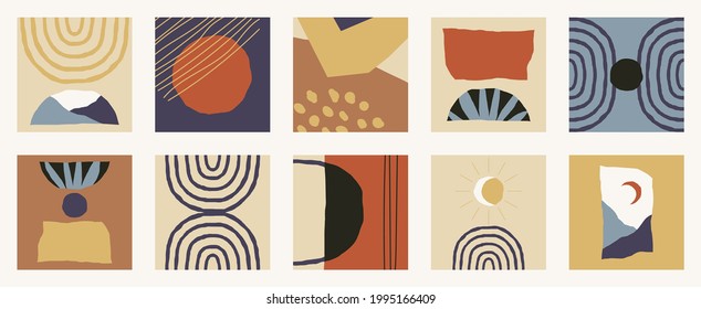 Trendy social media set of ten abstract backgrounds with abstract organic shapes composition in contemporary collage minimal style, vector illustration.