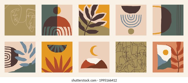 Trendy social media set of ten abstract backgrounds with abstract organic shapes composition in contemporary collage minimal style, vector illustration.