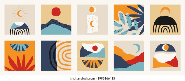 Trendy social media set of ten abstract backgrounds with abstract organic shapes composition in contemporary collage minimal style, vector illustration.