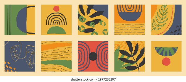 Trendy social media set of ten abstract backgrounds with abstract organic shapes composition in contemporary collage minimal style, vector illustration.