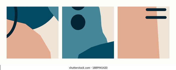 Trendy social media set of three abstract backgrounds with abstract organic shapes composition in contemporary collage minimal style.