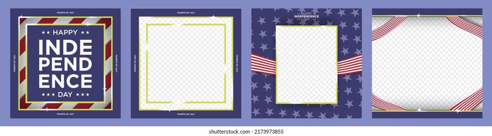Trendy social media template and Frames for Fourth of July and US Independence Day. Happy Independence Day paper cut out greeting card. USA Flag and gold frames. Editable Vector Illustration Set.