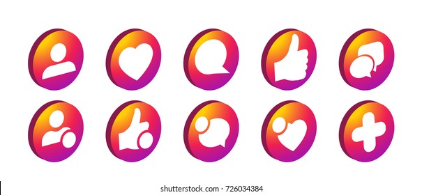 Trendy social network icons set Vector illustration. Red isometric follow, like, friend. 