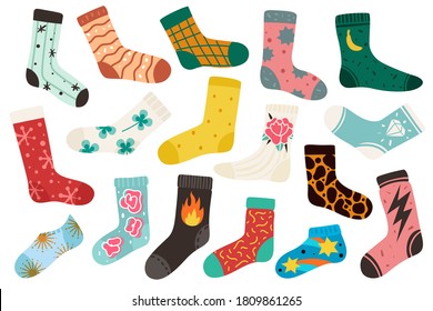 Trendy socks. Cotton stylish long and short funny sock design new collection. Cartoon woolen hosiery with fashion patterns isolated vector colorful doodle modern set of cute cozy accessories