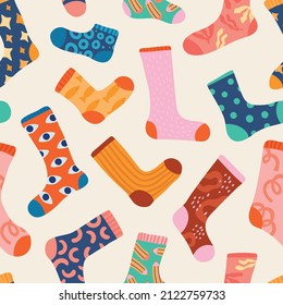 Trendy socks seamless pattern. Colorful designs cotton knee socking. Funny prints and ornaments. Casual legs knitwear. Hipster style fashion. Feet wear hosiery clothes