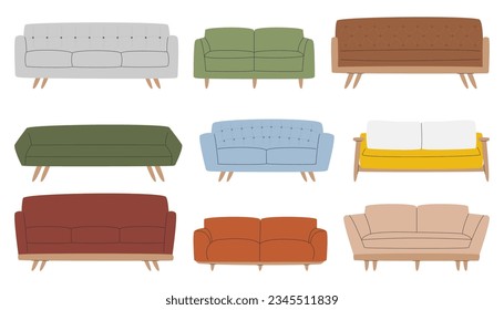 Trendy Sofa-Kollektion einzeln auf Weiß. Wohnzimmer mit verschiedenen Kissen im Stil der Mitte des Jahrhunderts. Verschiedene Retro-Sessel der 50er Jahre. Gemütliche Tauchgänge der 60er Jahre. Modernes Sofa-Set, handgezeichnet, flache Vektorgrafik