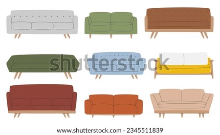 Trendy sofa collection isolated on white. Living room different cushions in mid-century style. Various retro armchairs of 50s. Cozy divans of 60s. Modern couch set hand drawn flat vector illustration