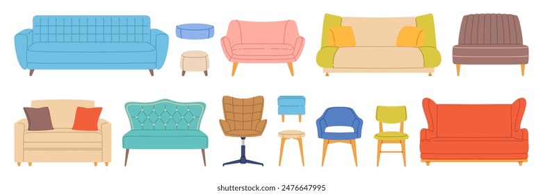 Trendy sofas, chairs and armchairs. Soft furniture for cozy room colorful interior, modern and retro comfortable couches with cushions front view, home design elements, vector cartoon flat style set